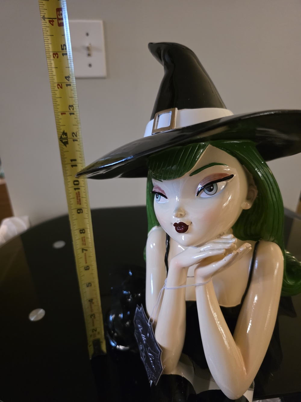 Green-Haired Witch Figurine with Black Hat and Striped Tights - Picture 7 of 10